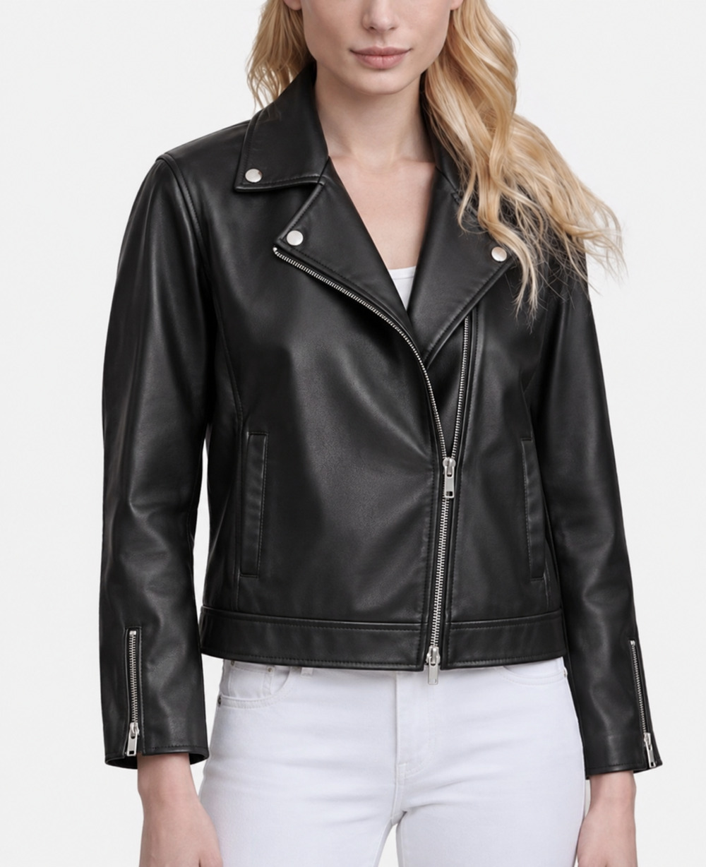 Costume Agent Womens Bomber Jacket Black Faux Leather, Size 14/16 Zip Cropped